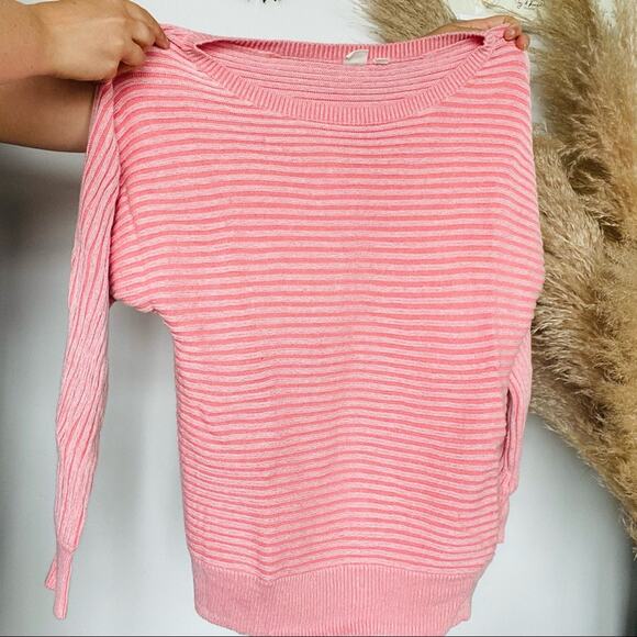 GAP Blush Soft Pink Stripe Knit Long Sleeve Boat Wide Neck Pullover Sweater M - Picture 9 of 9